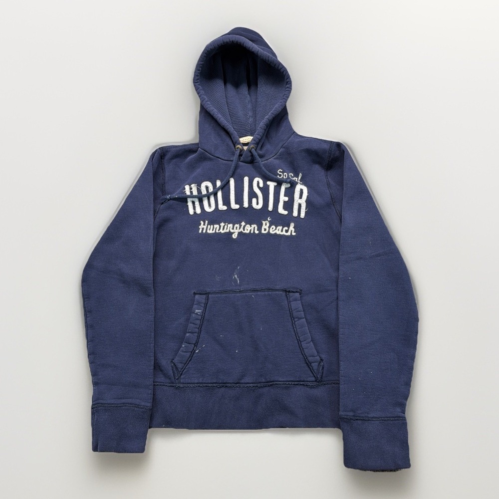 Hollister Mens Hoodie Pullover Blue Puff Print Hooded Sweatshirt Sz L Surf Skate